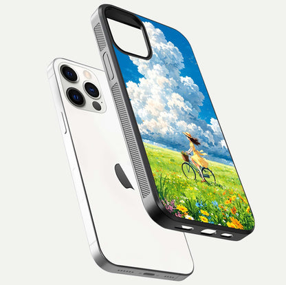 Breezy Meadow Ride Glass Case for iPhone 12 Pro floating mockup capturing serene tones and smooth finish