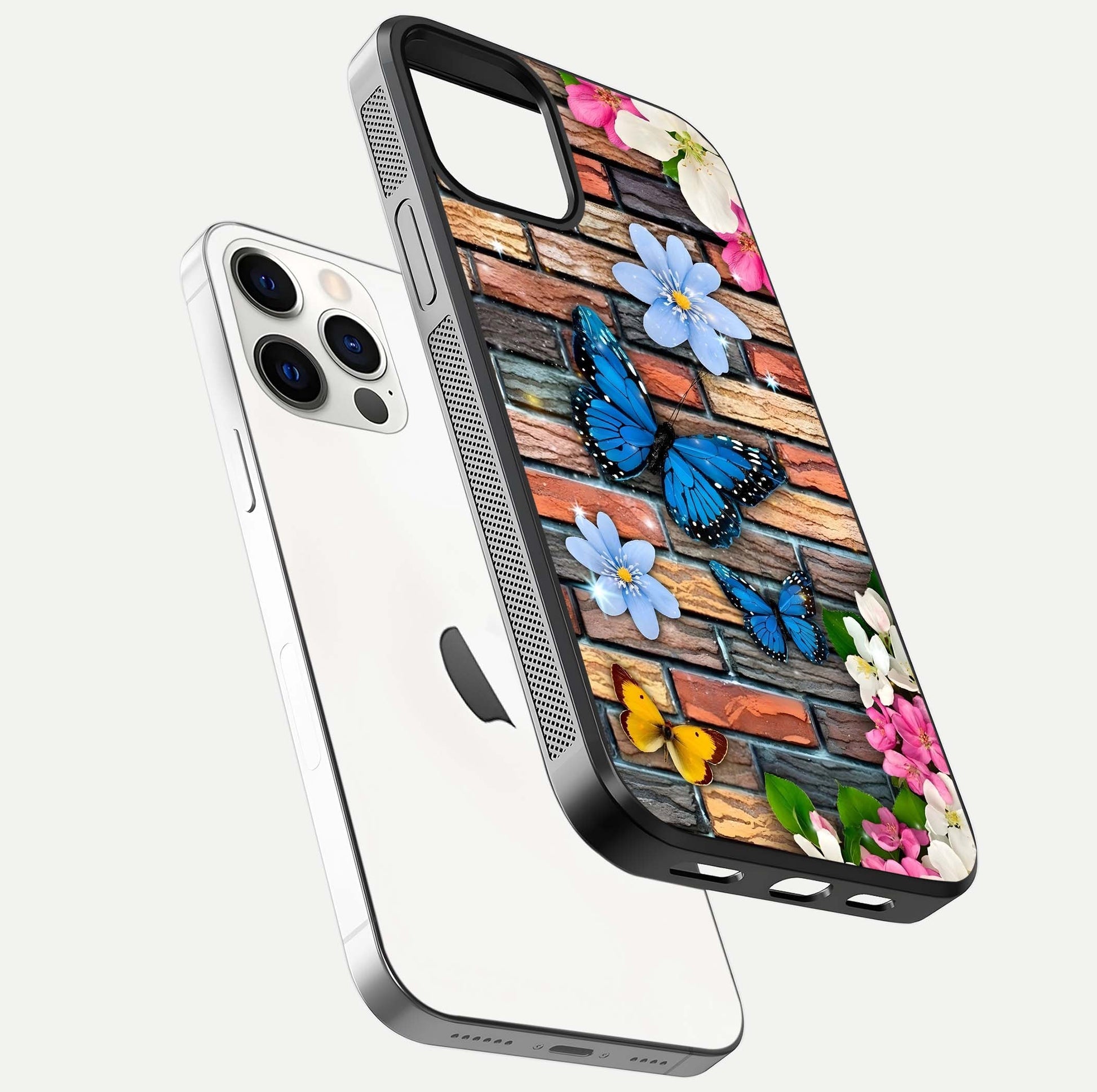 Brick Bloom Flight Glass Case for iPhone 12 Pro floating mockup displaying gloss reflection and pattern vibrancy