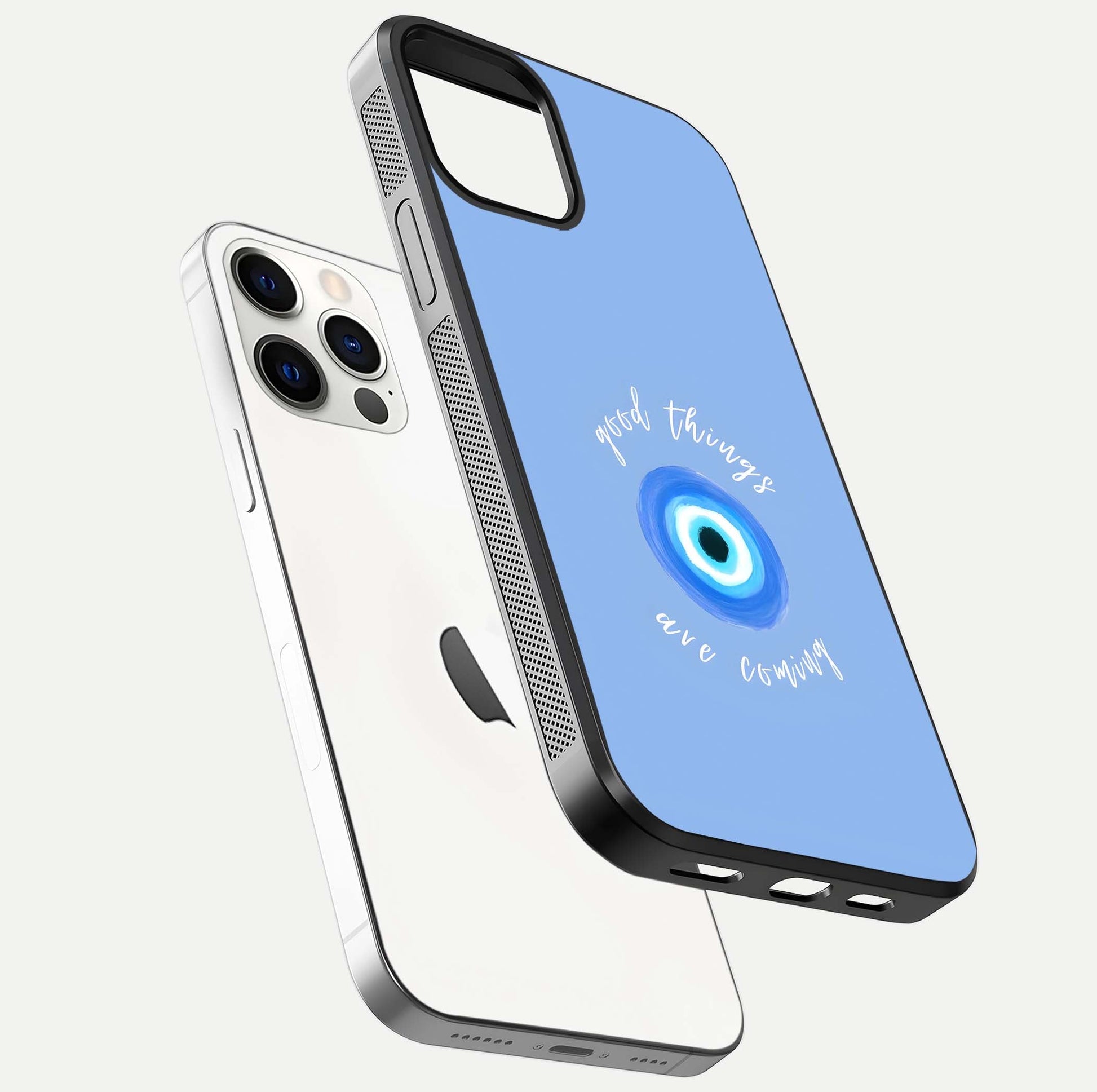 Bright Future Ahead Glass Case for iPhone 12 Pro floating mockup showing sleek design and positive quote print