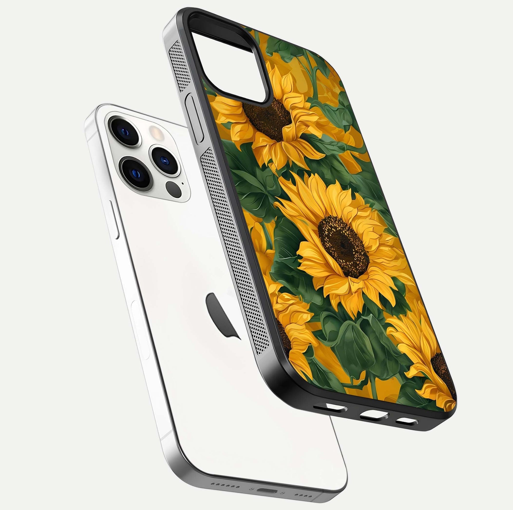 Bright Sunflower Bloom Glass Case for iPhone 12 Pro floating mockup capturing vibrant tones and gloss surface