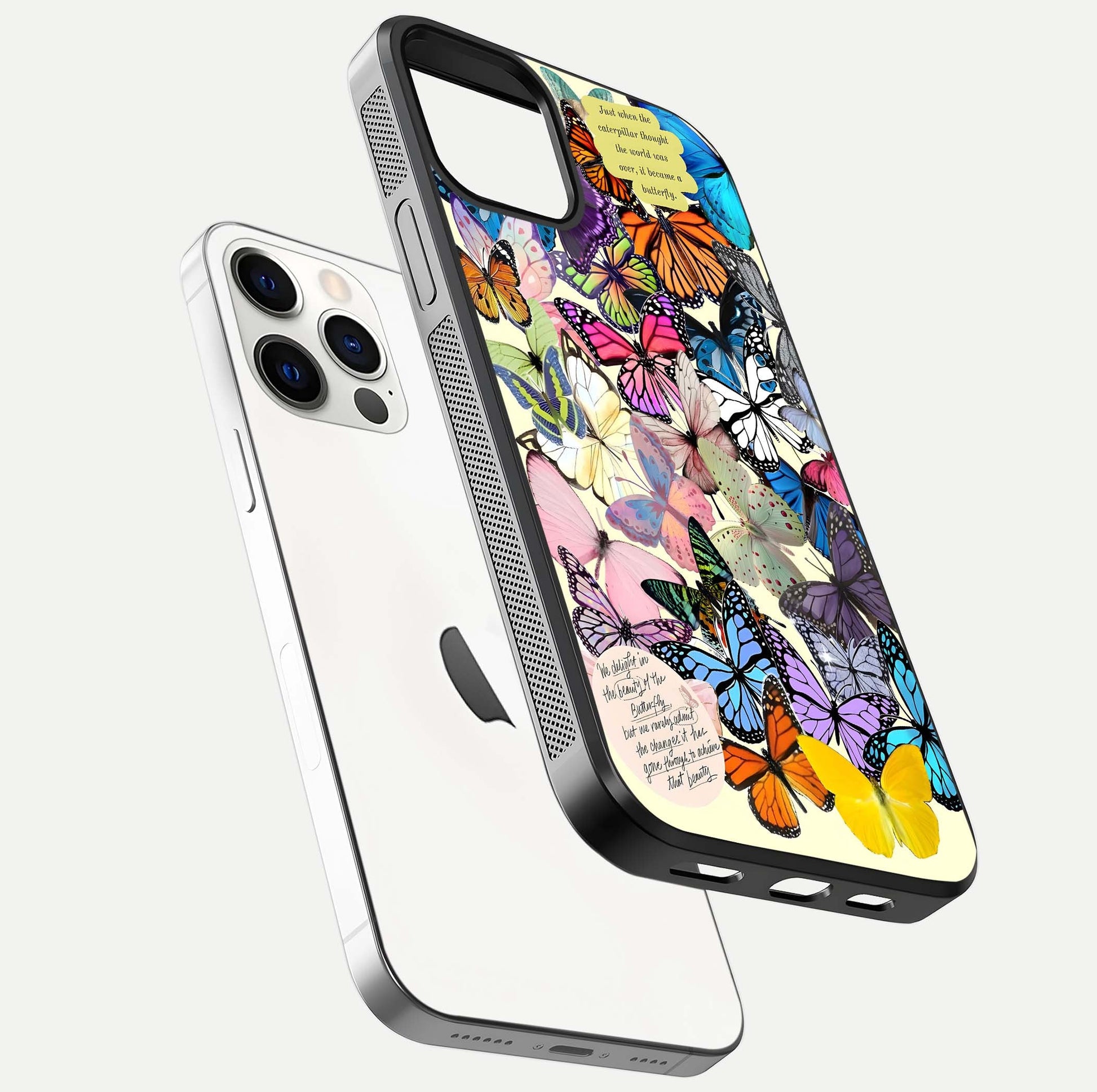 Butterflies Petal Dream Glass Case for iPhone 12 Pro floating mockup displaying detailed print and premium glass glow