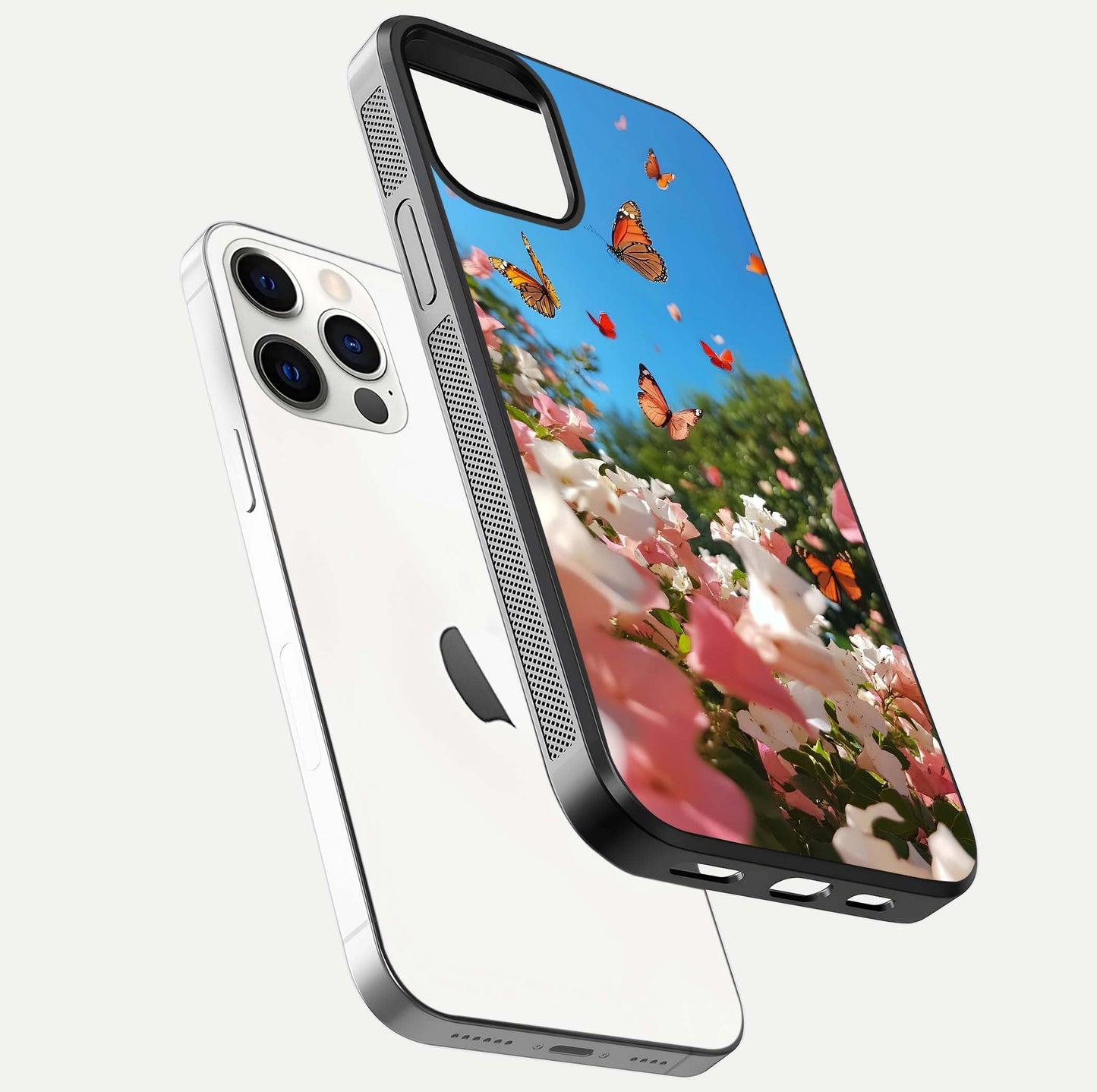 Butterflies in Bloom Sky Glass Case for iPhone 12 Pro floating mockup capturing butterfly motion and edge design