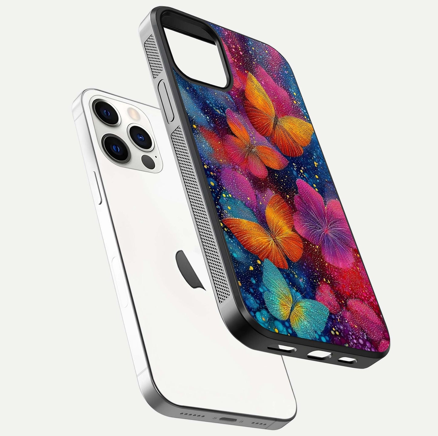 Butterfly Dream Mist Glass Case for iPhone 12 Pro floating mockup displaying glass shine and ethereal art depth