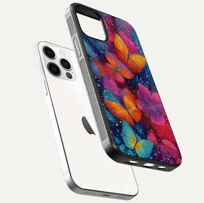 Butterfly Dream Mist Glass Case for iPhone 12 Pro floating mockup displaying glass shine and ethereal art depth