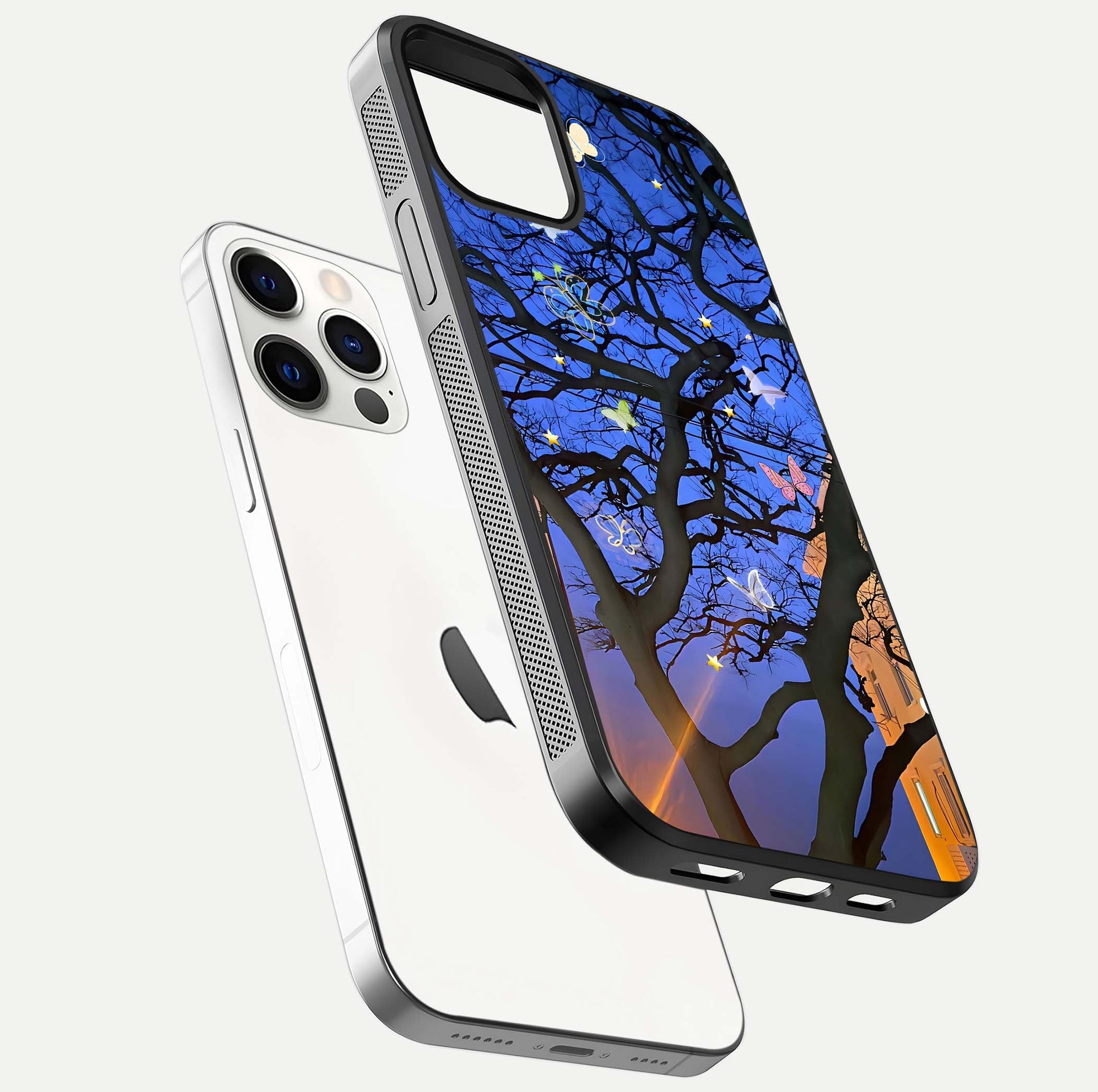 Butterfly Night Magic Glass Case for iPhone 12 Pro floating mockup showing night glow and smooth polish