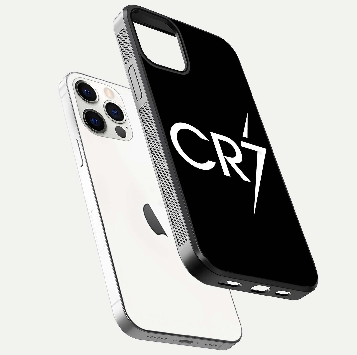 CR7 Elite Strike Glass Case for iPhone 12 Pro floating mockup displaying HD gloss and sporty texture