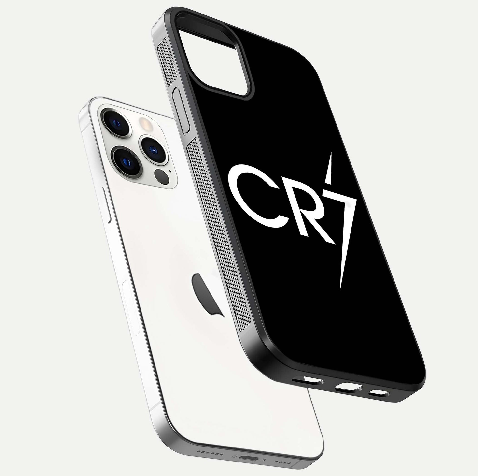 CR7 Elite Strike Glass Case for iPhone 12 Pro floating mockup displaying HD gloss and sporty texture