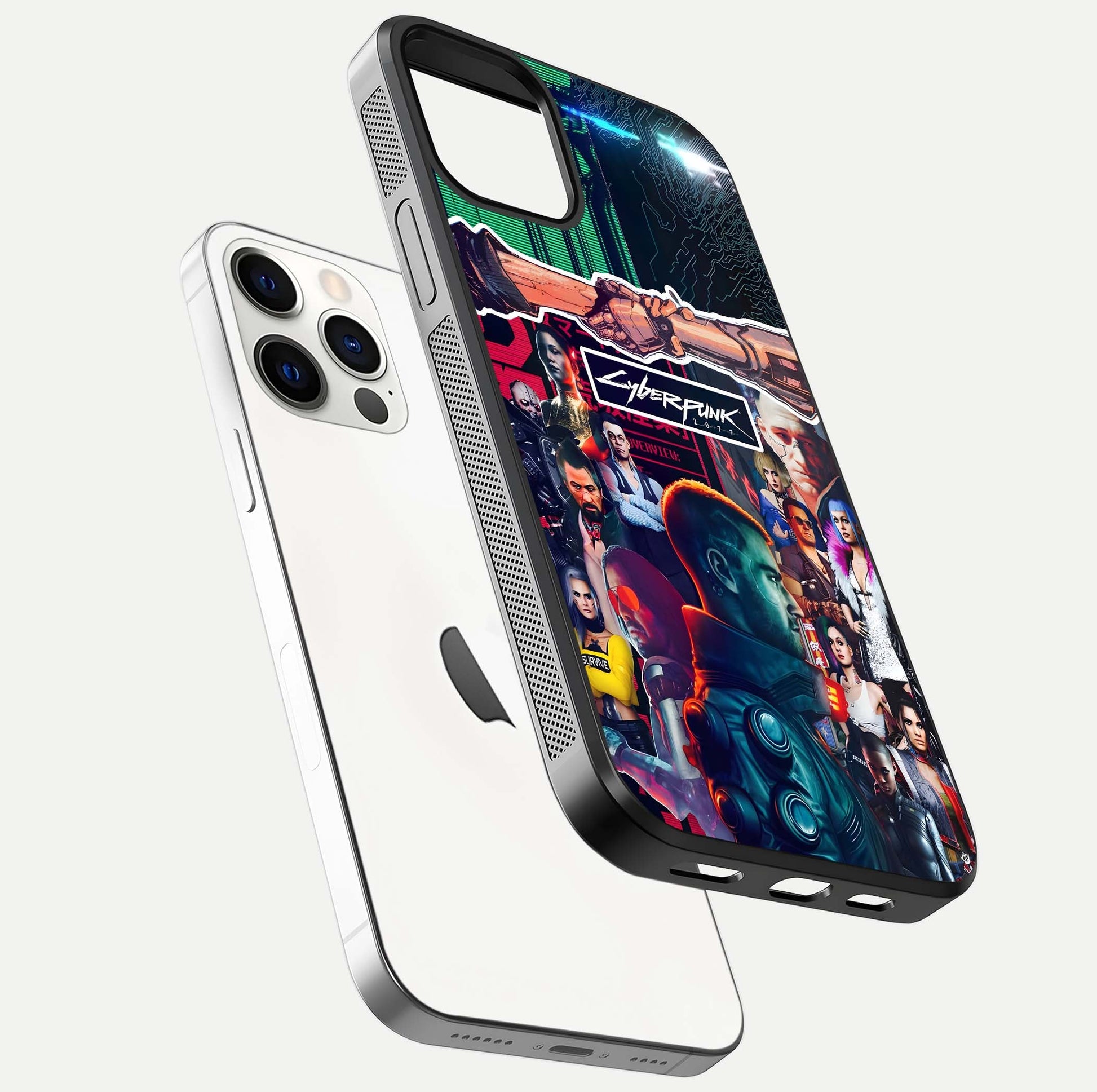CYBERPUNK Legacy Glass Case for iPhone 12 Pro floating mockup showing HD gloss and neon glow detail