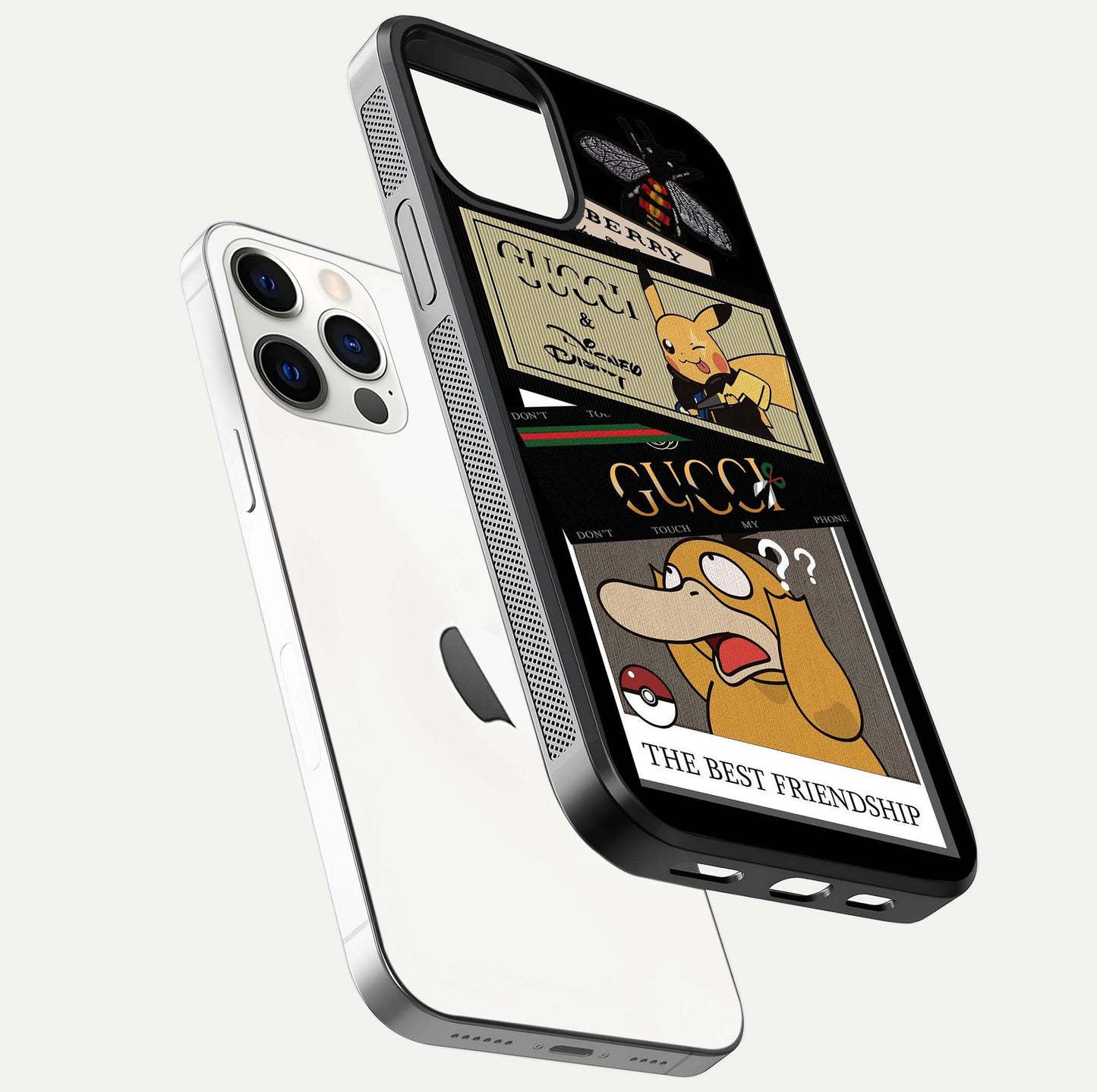 Cartoon Brand Play Mashup Glass Case for iPhone 12 Pro floating dual-view mockup showing gloss surface and vivid reflection