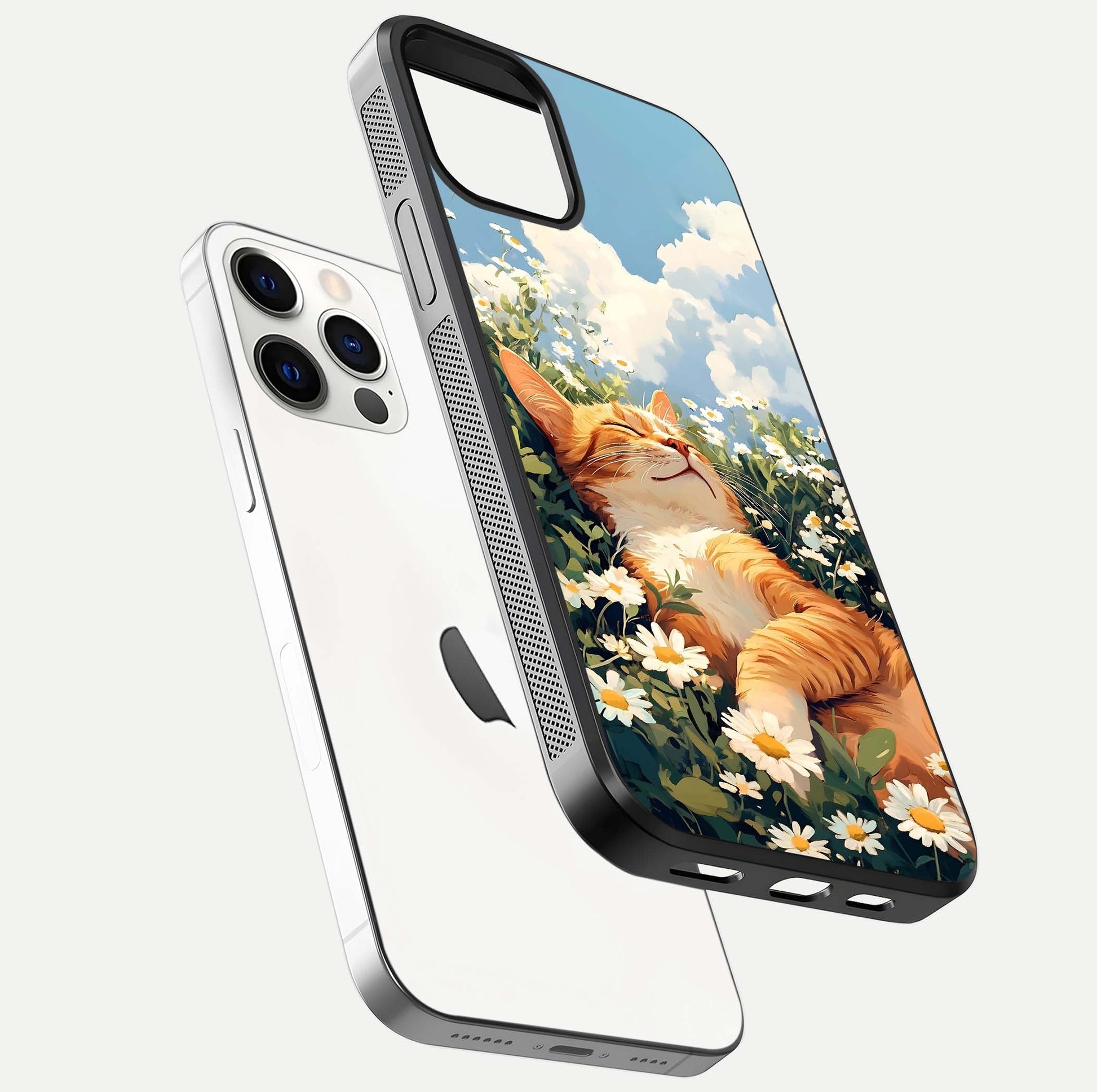Cat & Flowers View Glass Case for iPhone 12 Pro floating mockup showing design reflection and protective edges