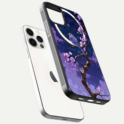Celestial Bird Blossom Glass Case for iPhone 12 Pro floating mockup showing cosmic floral tones and HD gloss