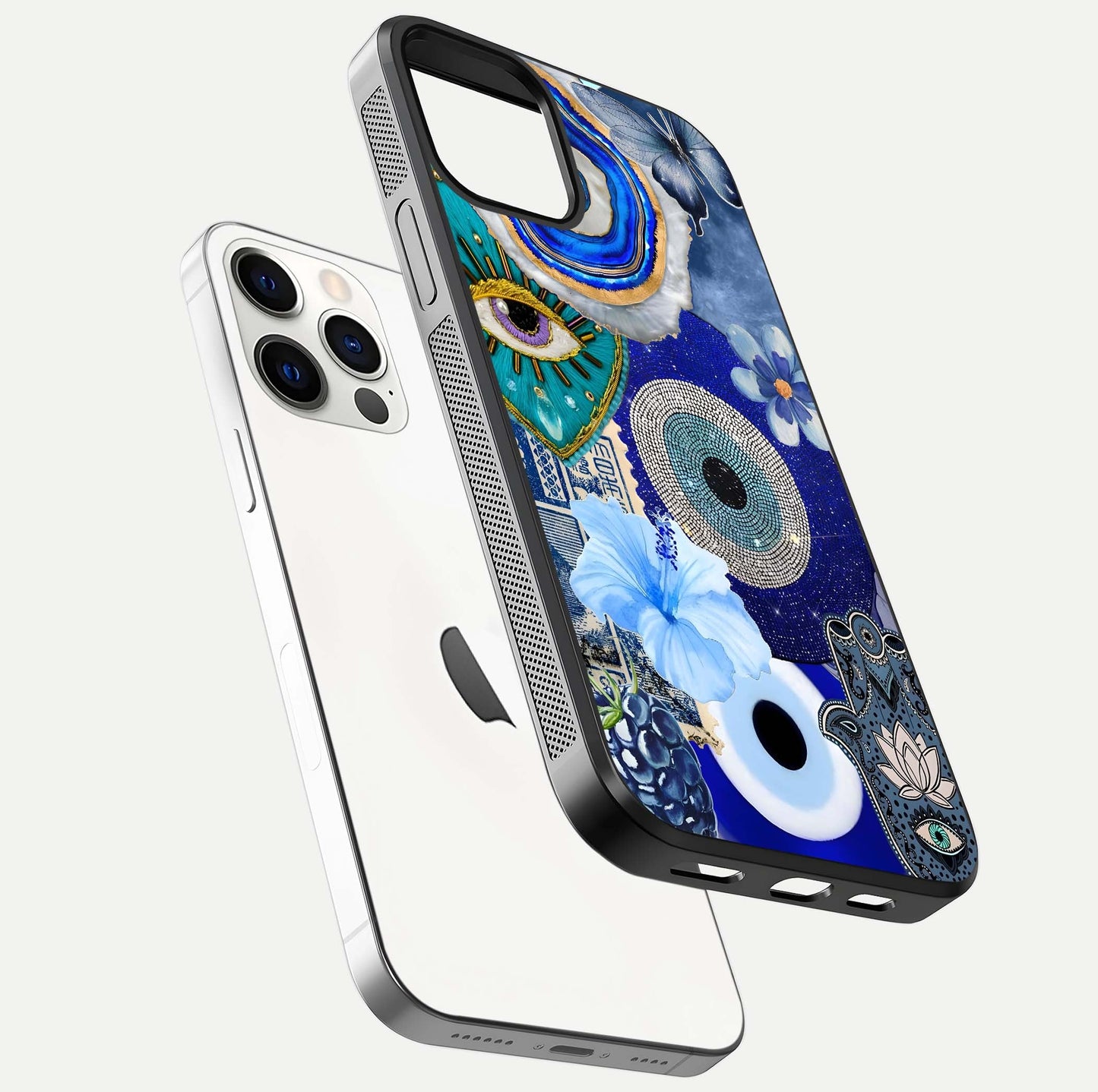 Celestial Blue Vision Glass Case for iPhone 12 Pro floating mockup showing gloss depth and night-sky pattern