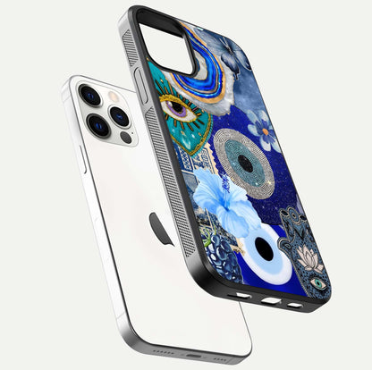 Celestial Blue Vision Glass Case for iPhone 12 Pro floating mockup showing gloss depth and night-sky pattern