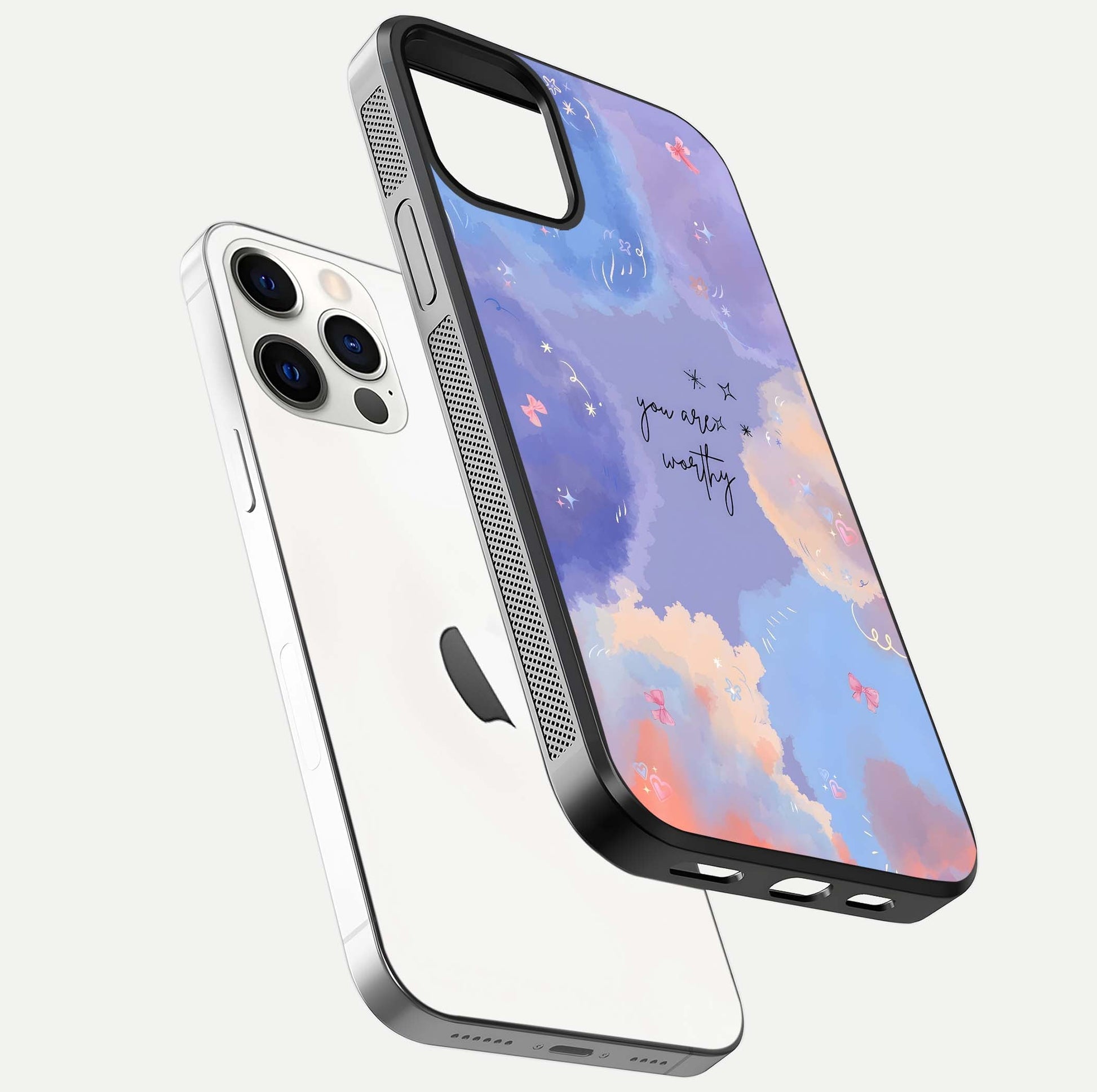 Celestial Cloud Magic Glass Case for iPhone 12 Pro floating mockup displaying cloud aura and HD finish