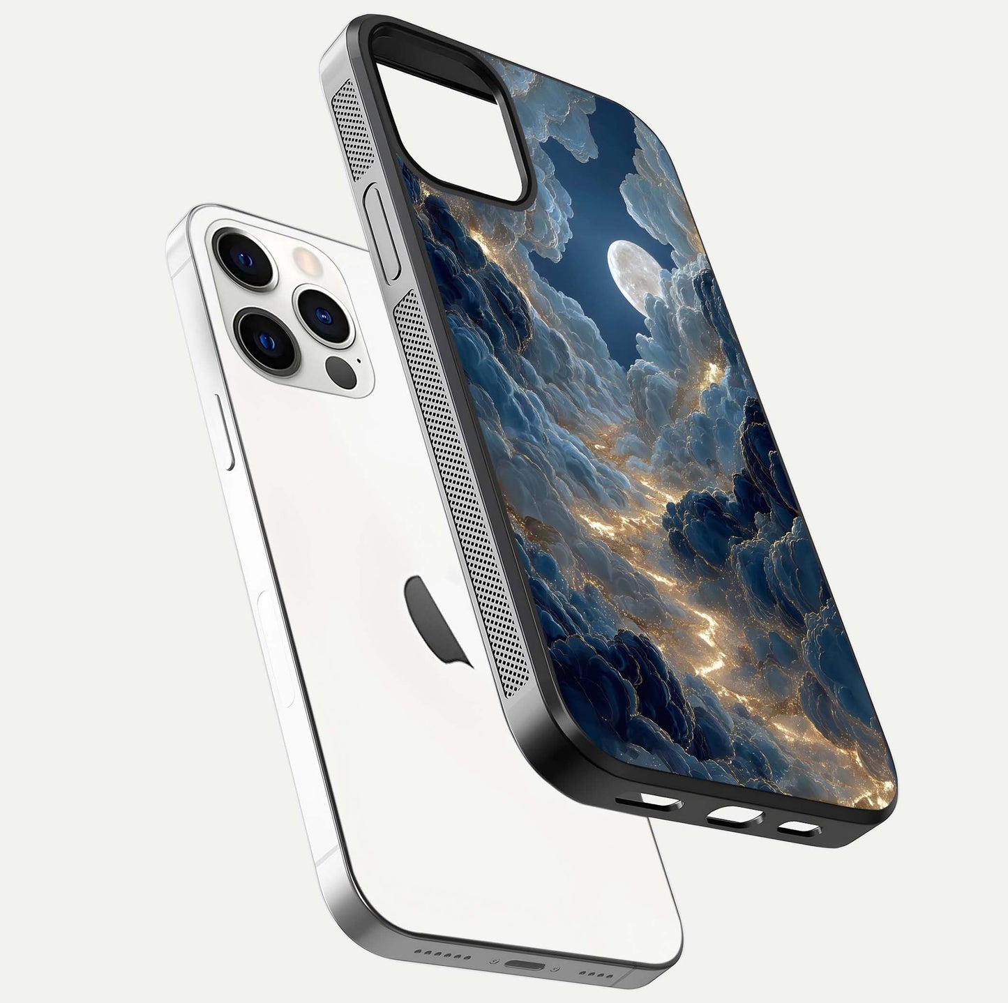 Celestial Cloud Road Glass Case for iPhone 12 Pro floating mockup capturing glowing horizon and HD gloss