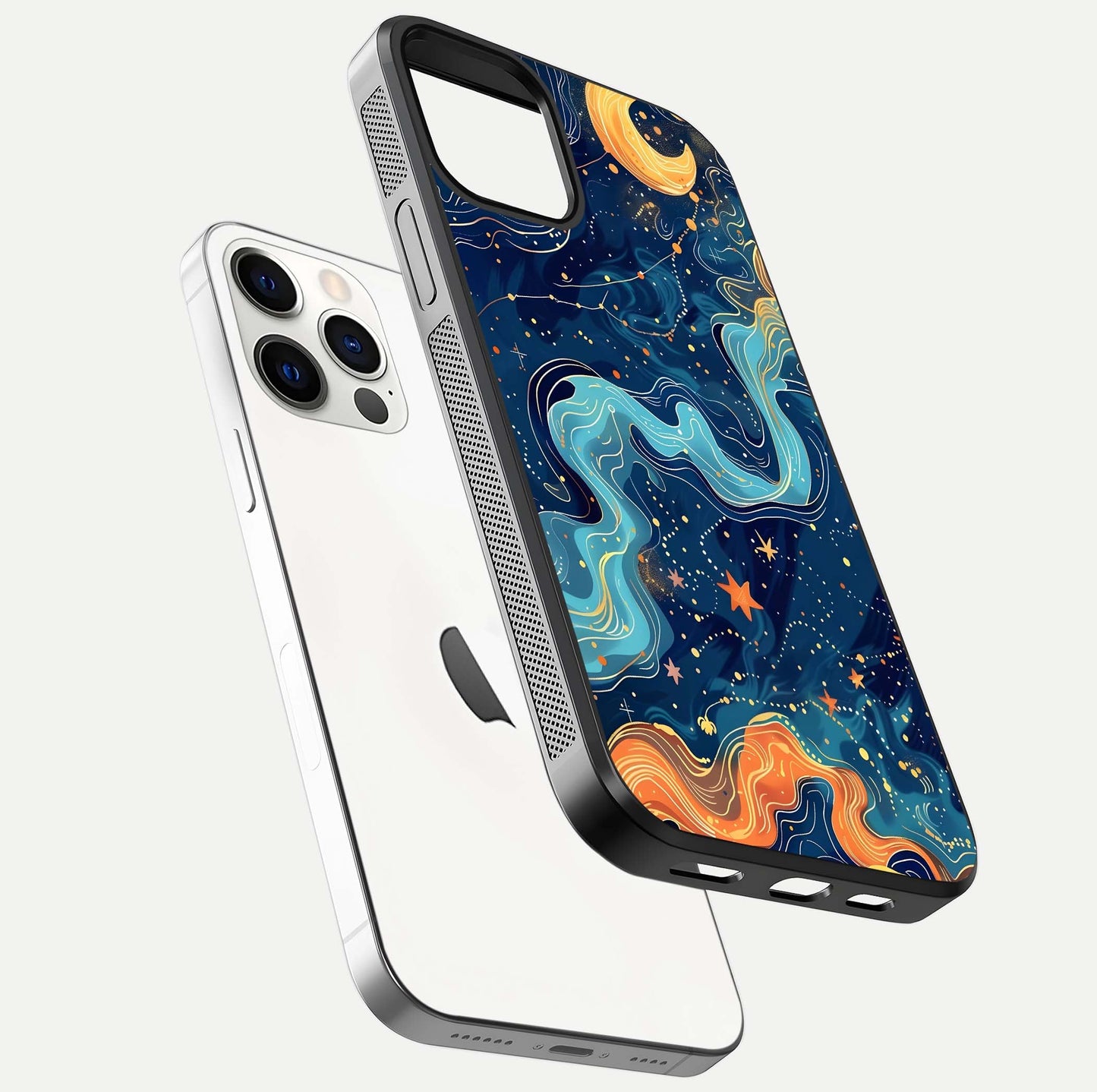 Celestial Dream Flow Glass Case for iPhone 12 Pro floating mockup displaying gloss shimmer and artistic composition