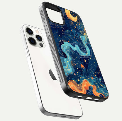 Celestial Dream Flow Glass Case for iPhone 12 Pro floating mockup displaying gloss shimmer and artistic composition