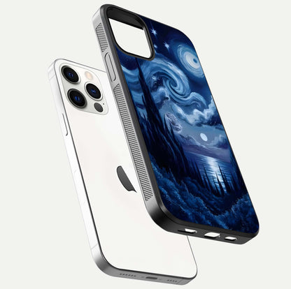 Celestial Dream Van Gogh Glass Case for iPhone 12 Pro floating mockup highlighting cosmic tones and smooth gloss