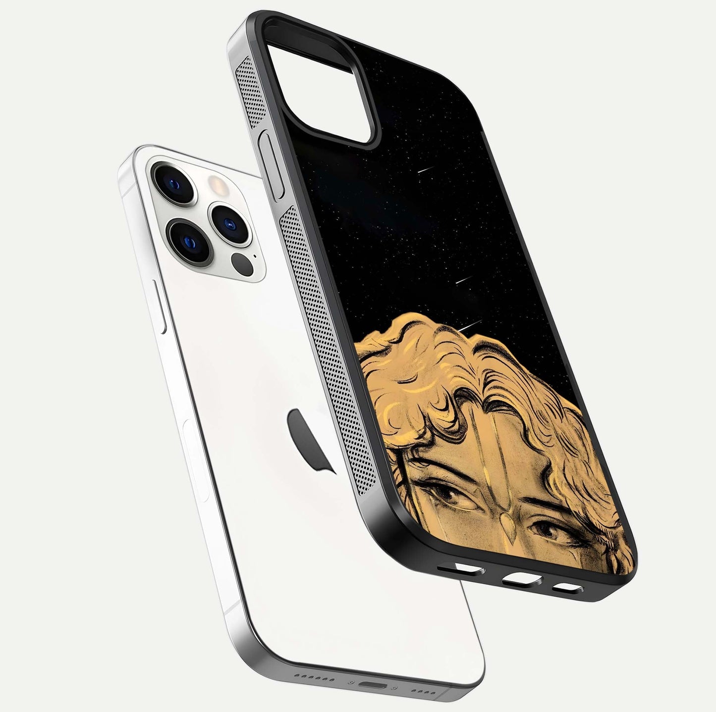 Celestial God’s Plan Glass Case for iPhone 12 Pro floating dual-view mockup displaying gloss surface and vivid print