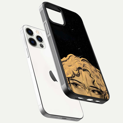 Celestial God’s Plan Glass Case for iPhone 12 Pro floating dual-view mockup displaying gloss surface and vivid print