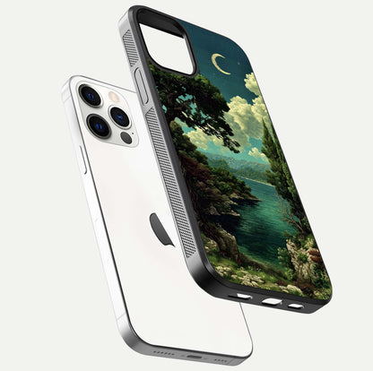 Celestial Lake Peace Glass Case for iPhone 12 Pro floating mockup capturing calm tones and smooth polish