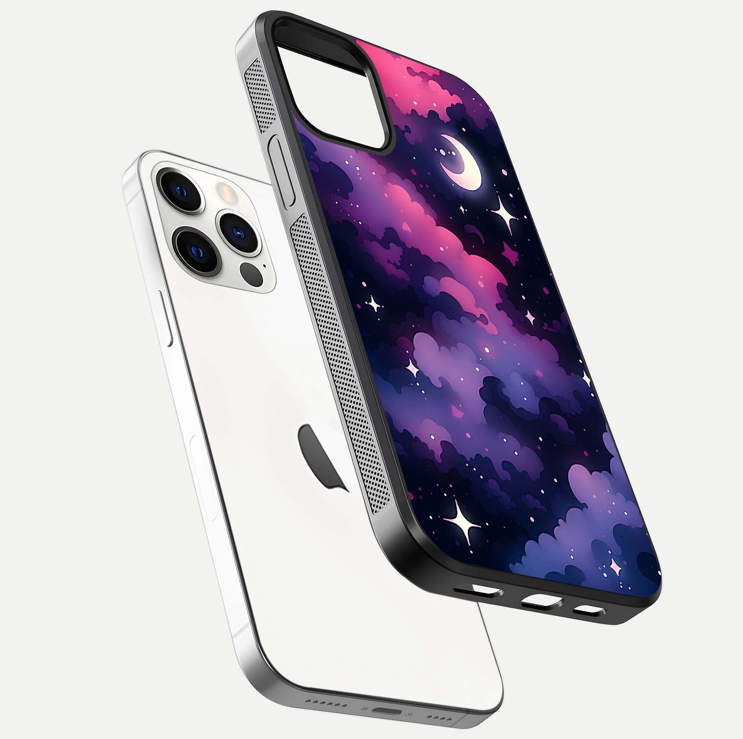 Celestial Moon Magic Glass Case for iPhone 12 Pro floating mockup showing reflection gradient and smooth polish