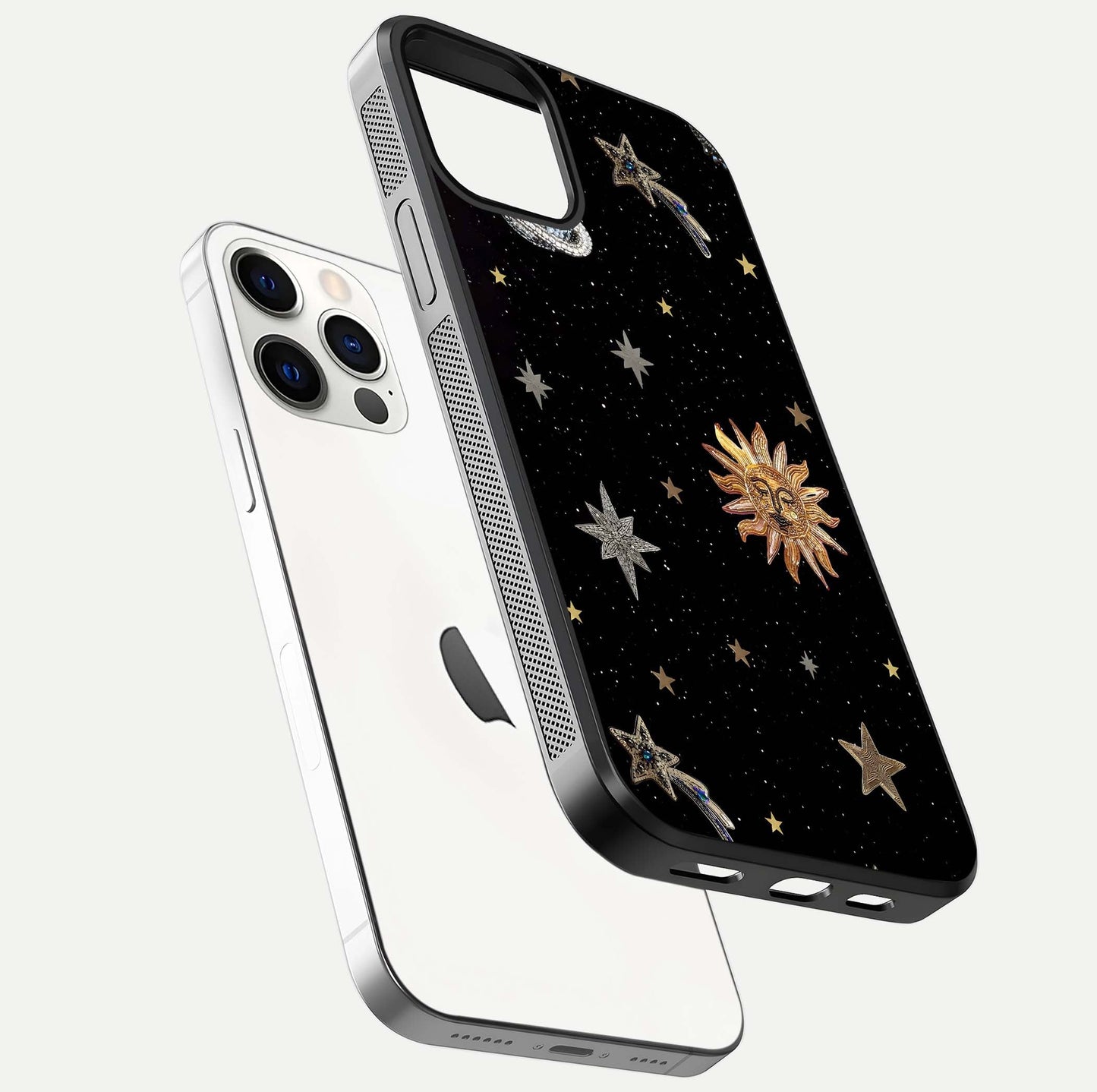 Celestial Moon With Stars Glass Case for iPhone 12 Pro floating mockup emphasizing star depth and gloss clarity