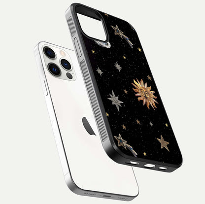 Celestial Moon With Stars Glass Case for iPhone 12 Pro floating mockup emphasizing star depth and gloss clarity
