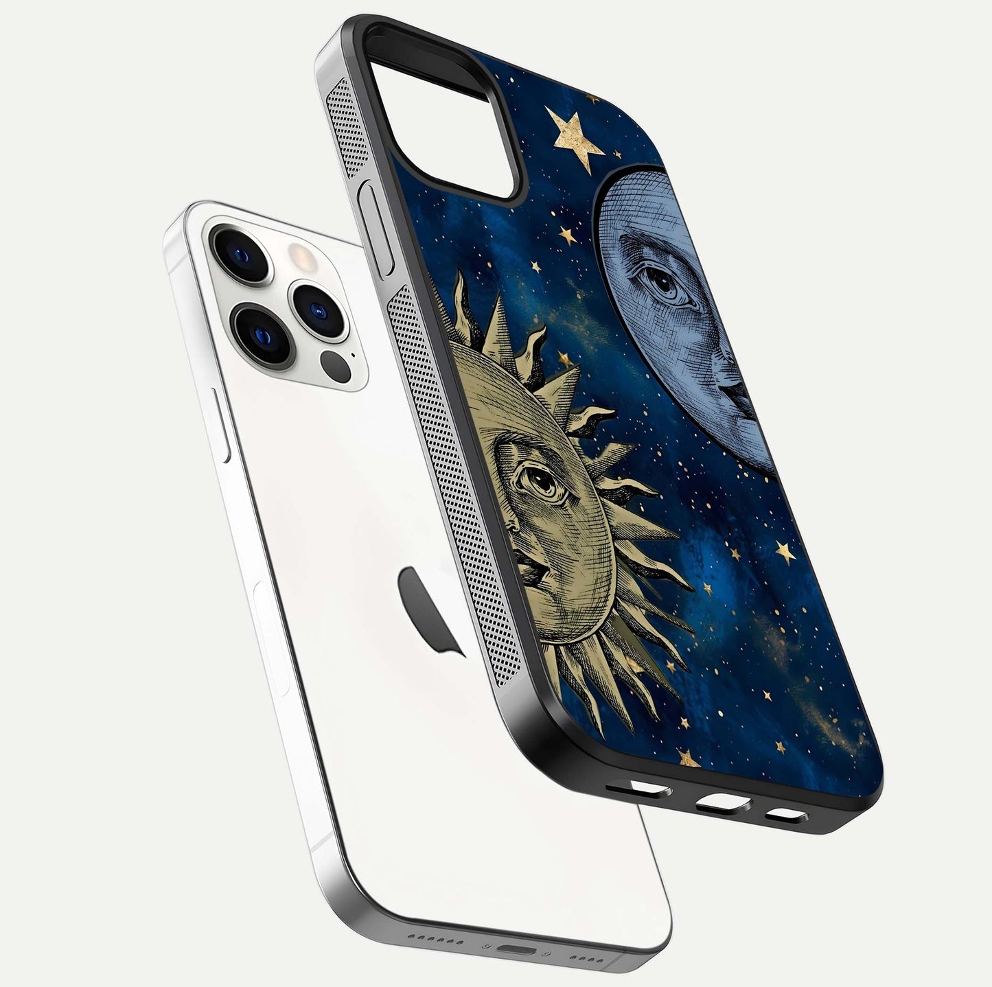 Celestial Moon With Sun Glass Case for iPhone 12 Pro floating mockup displaying vibrant contrast and HD gloss