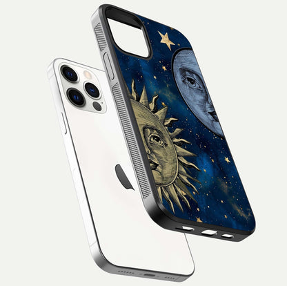 Celestial Moon With Sun Glass Case for iPhone 12 Pro floating mockup displaying vibrant contrast and HD gloss