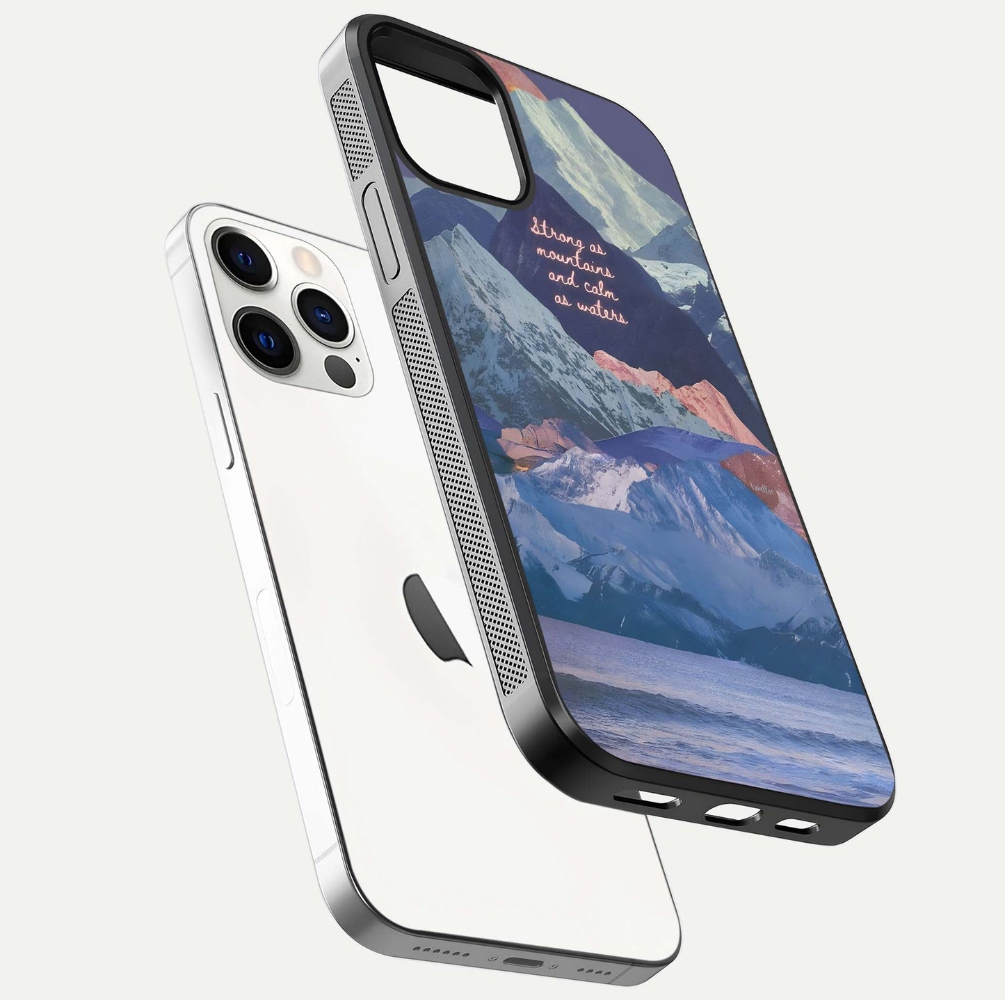 Celestial Mountain Calm Glass Case for iPhone 12 Pro floating mockup showing glow depth and polished edges