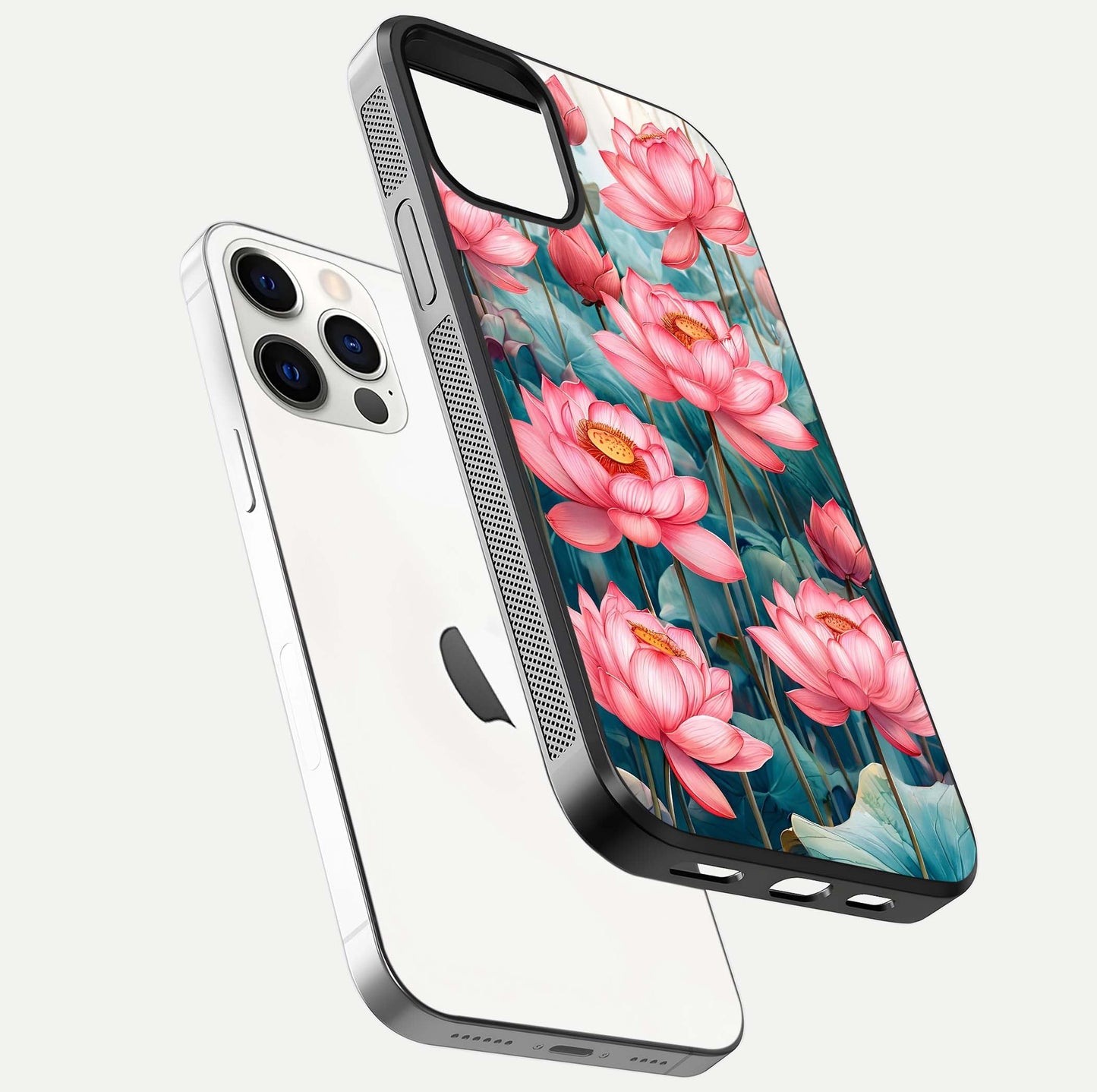 Celestial Pink Lotus Glass Case for iPhone 12 Pro floating mockup displaying cosmic tone and gloss surface