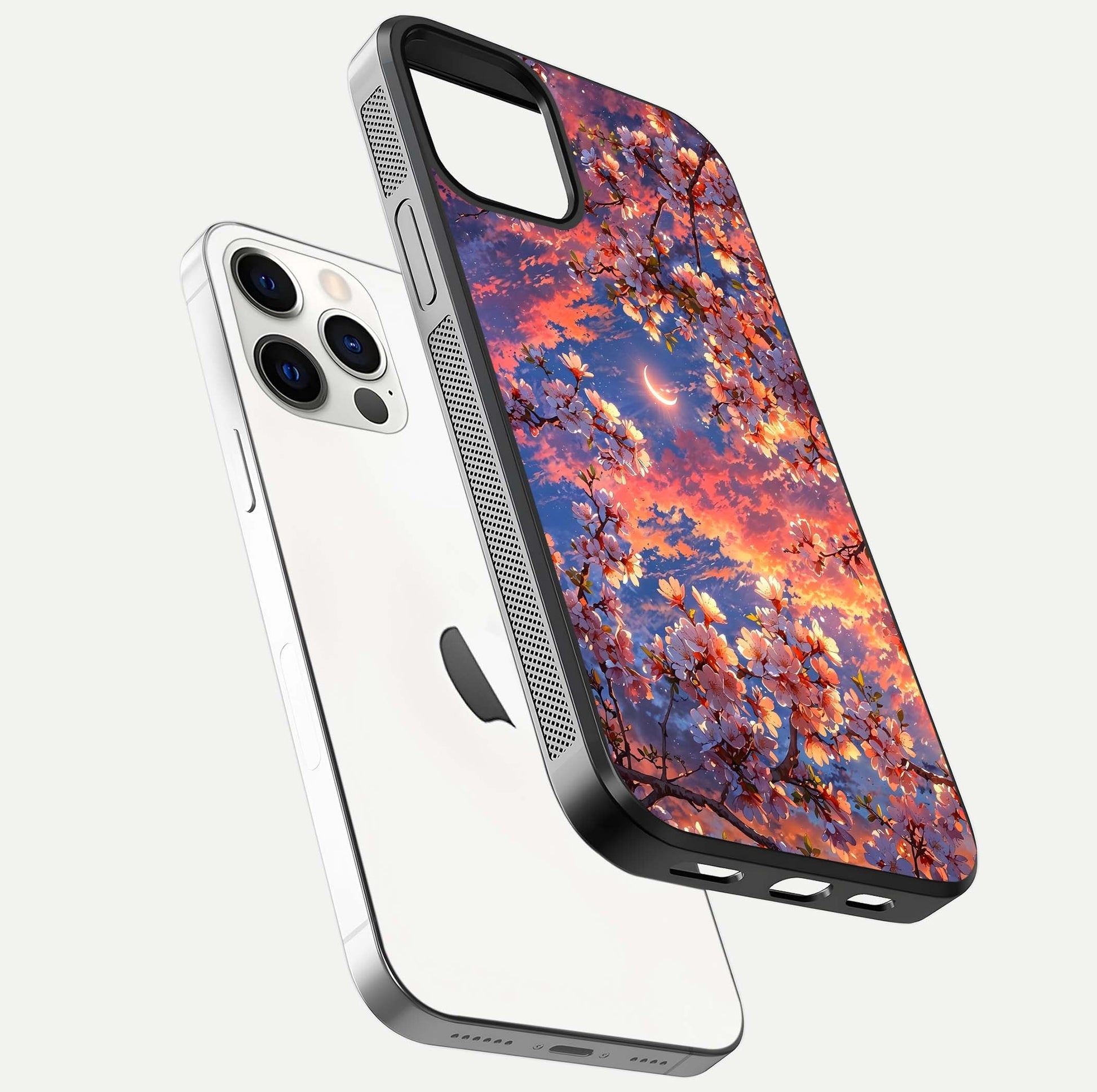 Celestial Sakura Sunset Glass Case for iPhone 12 Pro floating mockup capturing sunset hue and smooth gloss