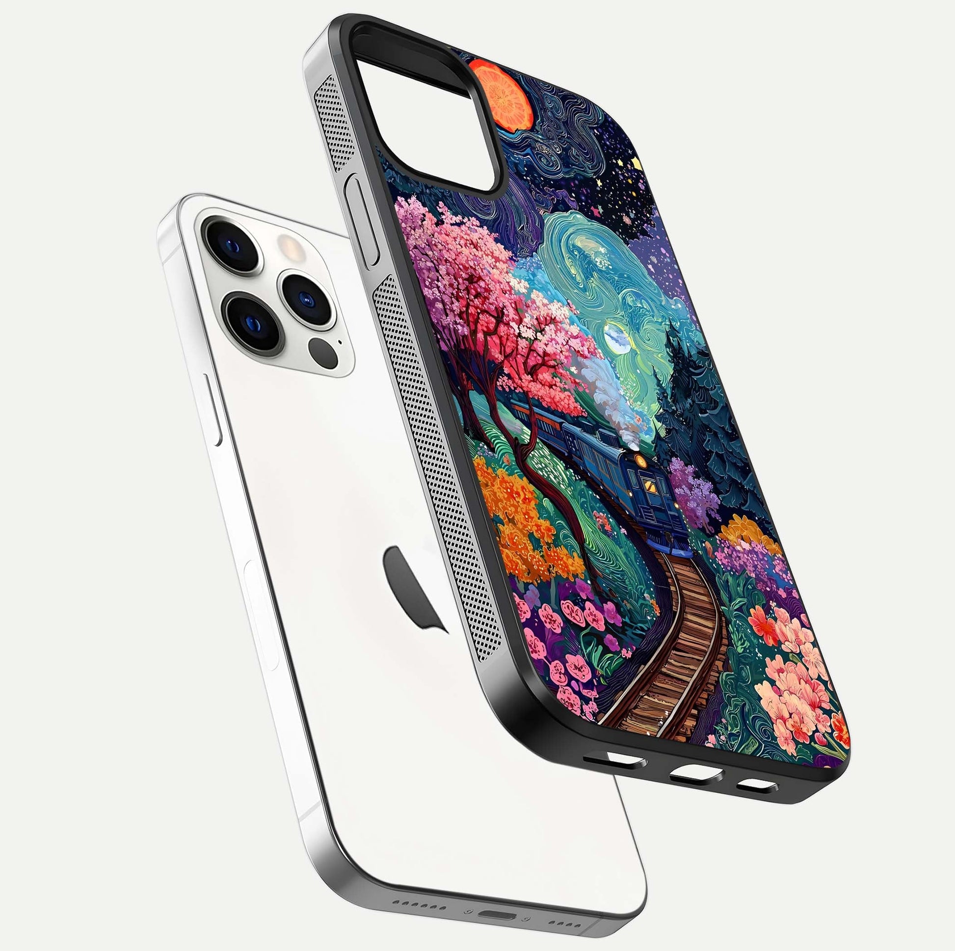 Celestial Train Journey Glass Case for iPhone 12 Pro floating mockup capturing gloss reflection and deep night hues