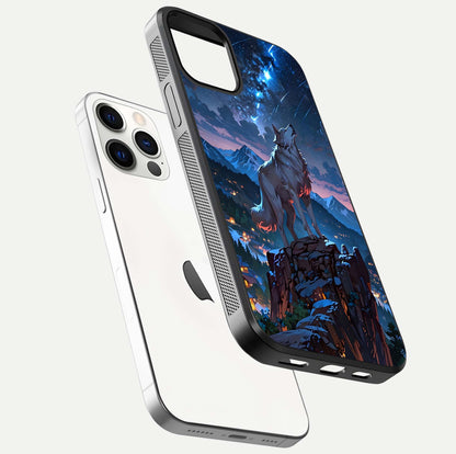 Celestial Wolf Howl Glass Case for iPhone 12 Pro floating mockup capturing reflection depth and silver gloss