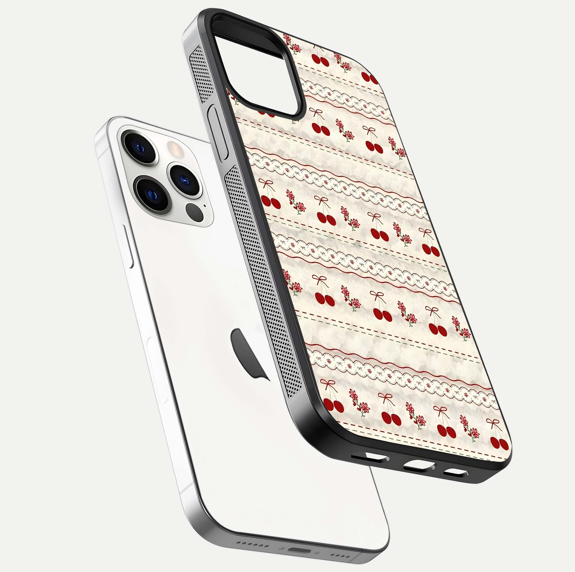 Cherry Bloom Charm Glass Case for iPhone 12 Pro floating mockup showing bloom texture and polished gloss