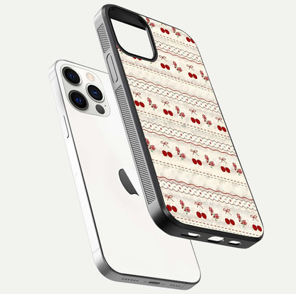 Cherry Bloom Charm Glass Case for iPhone 12 Pro floating mockup showing bloom texture and polished gloss
