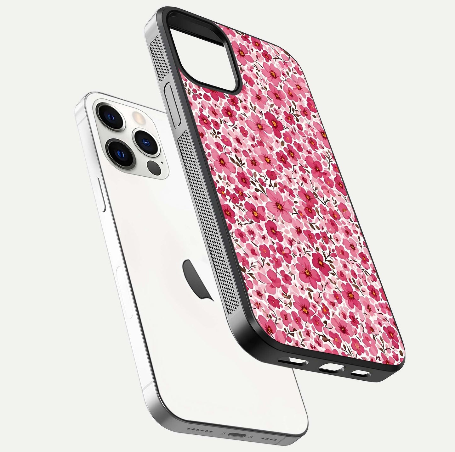 Cherry Blossom Charm Glass Case for iPhone 12 Pro floating mockup displaying pink tone flow and polished edges
