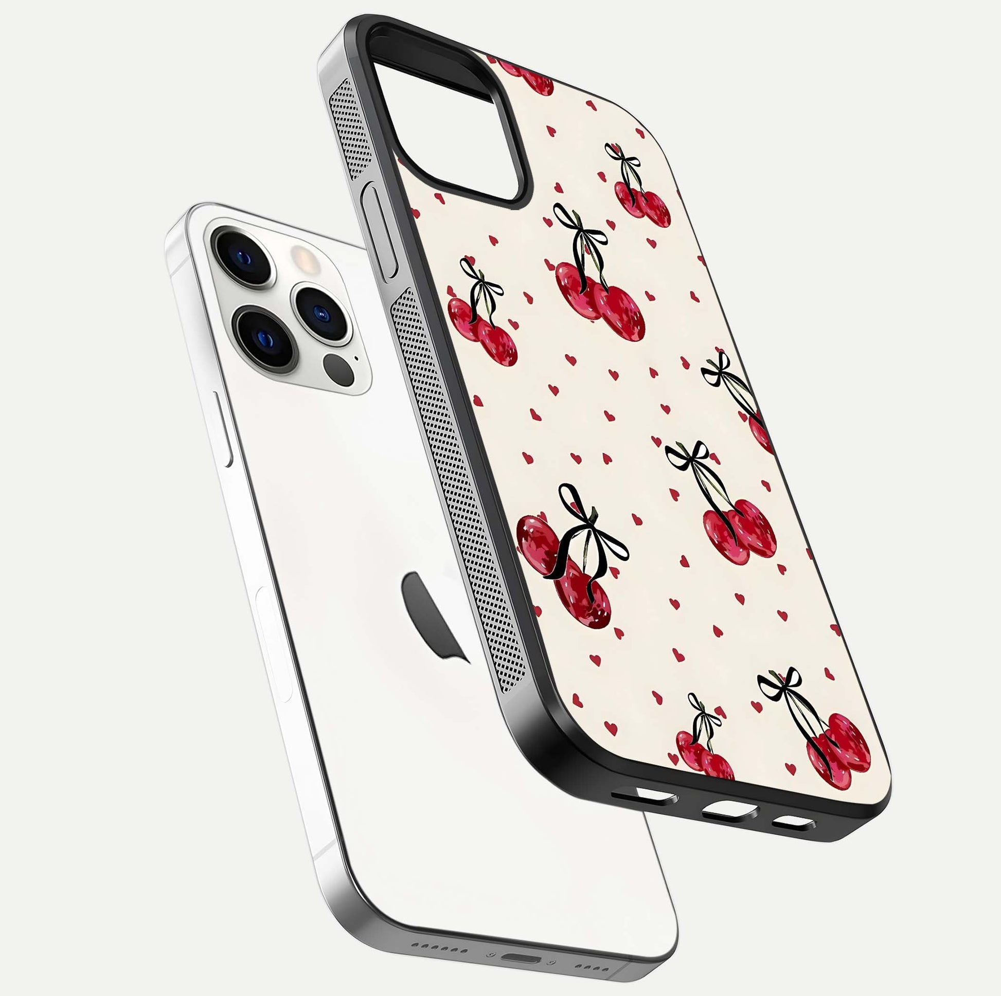 Cherry Heart Bow Glass Case for iPhone 12 Pro floating mockup showing reflection and HD print detail