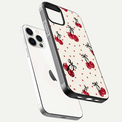 Cherry Heart Bow Glass Case for iPhone 12 Pro floating mockup showing reflection and HD print detail