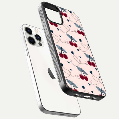 Cherry Heart Line Glass Case for iPhone 12 Mini floating mockup showing gloss polish and bright tones