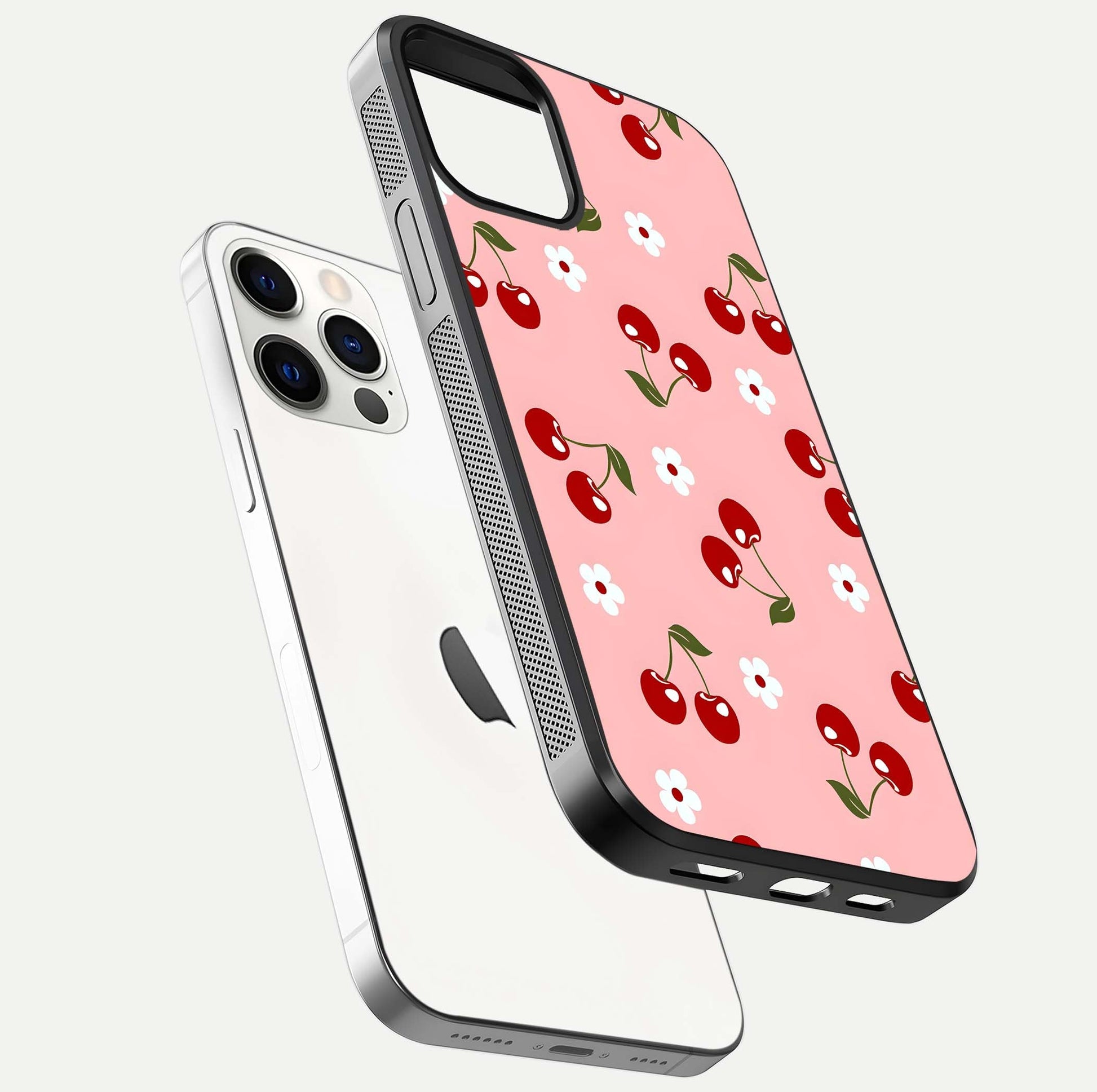 Cherry Love Mood Glass Case for iPhone 12 Pro floating mockup showing HD gloss reflection and red tones