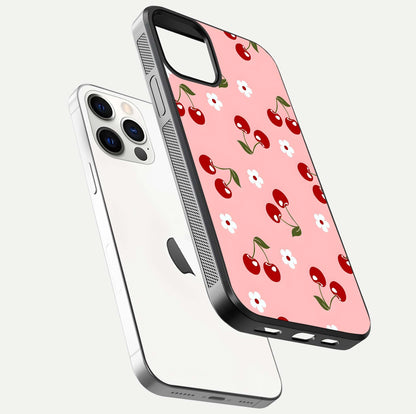Cherry Love Mood Glass Case for iPhone 12 Pro floating mockup showing HD gloss reflection and red tones