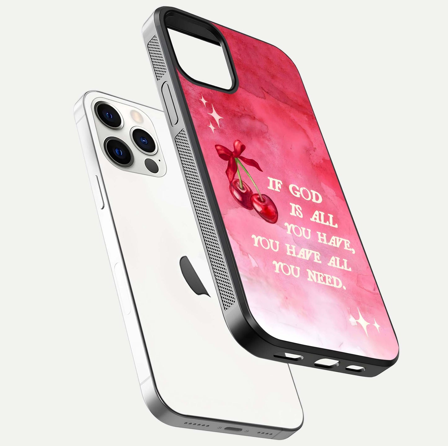 Cherry Quote Glass Case for iPhone 12 Pro floating mockup capturing shine texture and clear typography