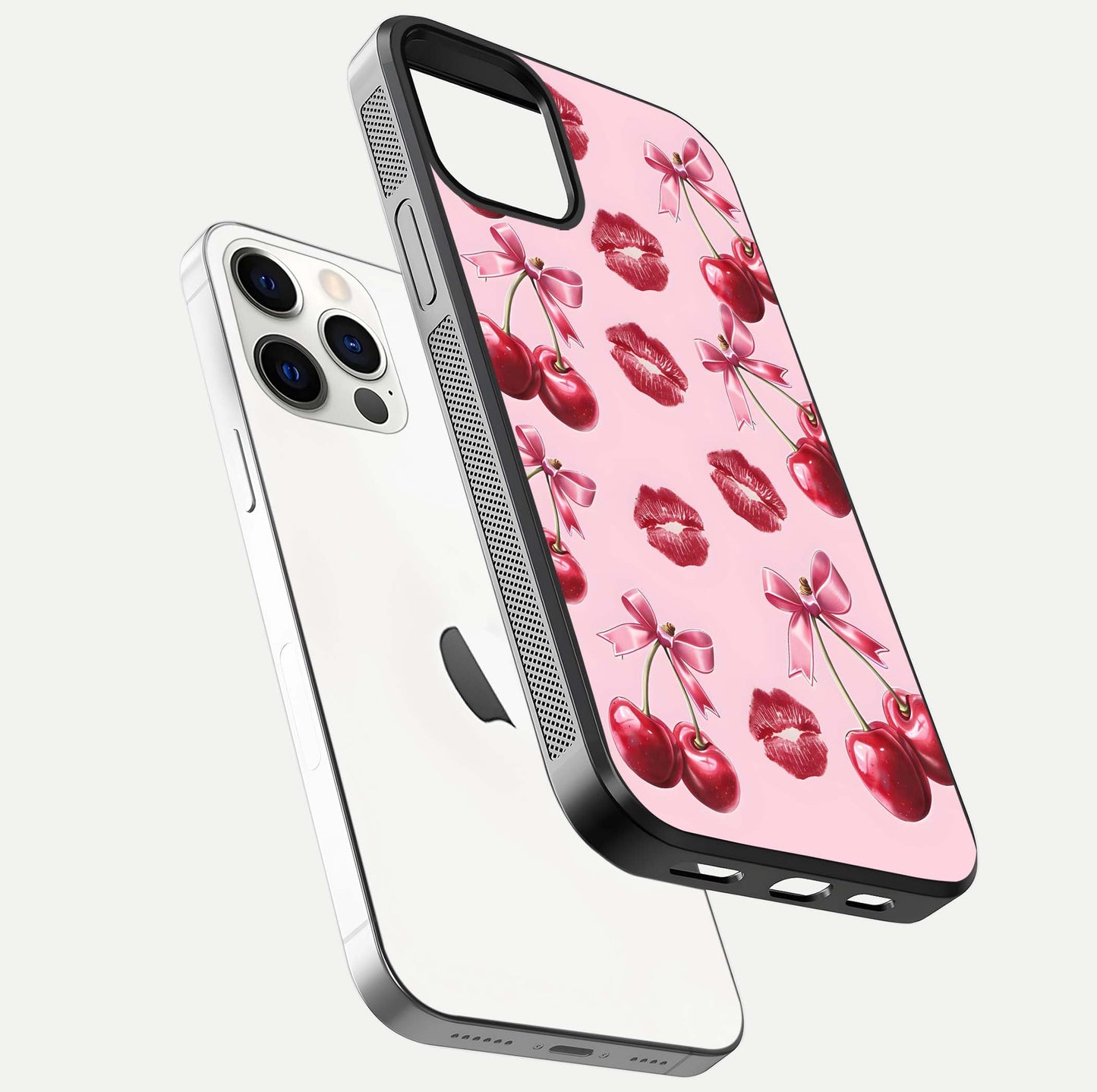 Cherry With Lips Glass Case for iPhone 12 Pro floating mockup showing HD gloss and pop-art inspired tones