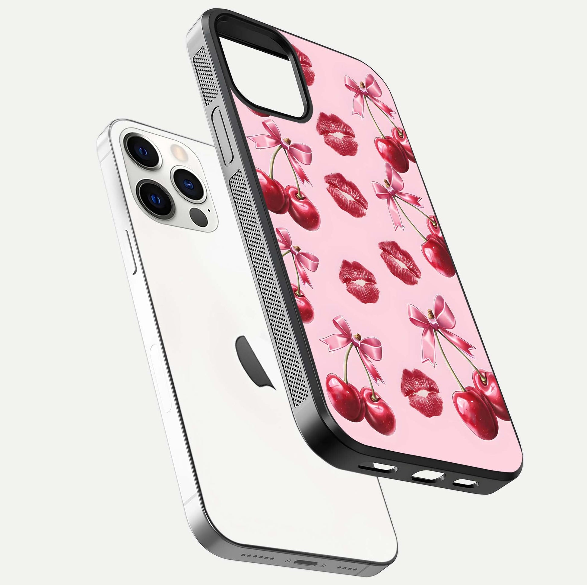 Cherry With Lips Glass Case for iPhone 12 Pro floating mockup showing HD gloss and pop-art inspired tones