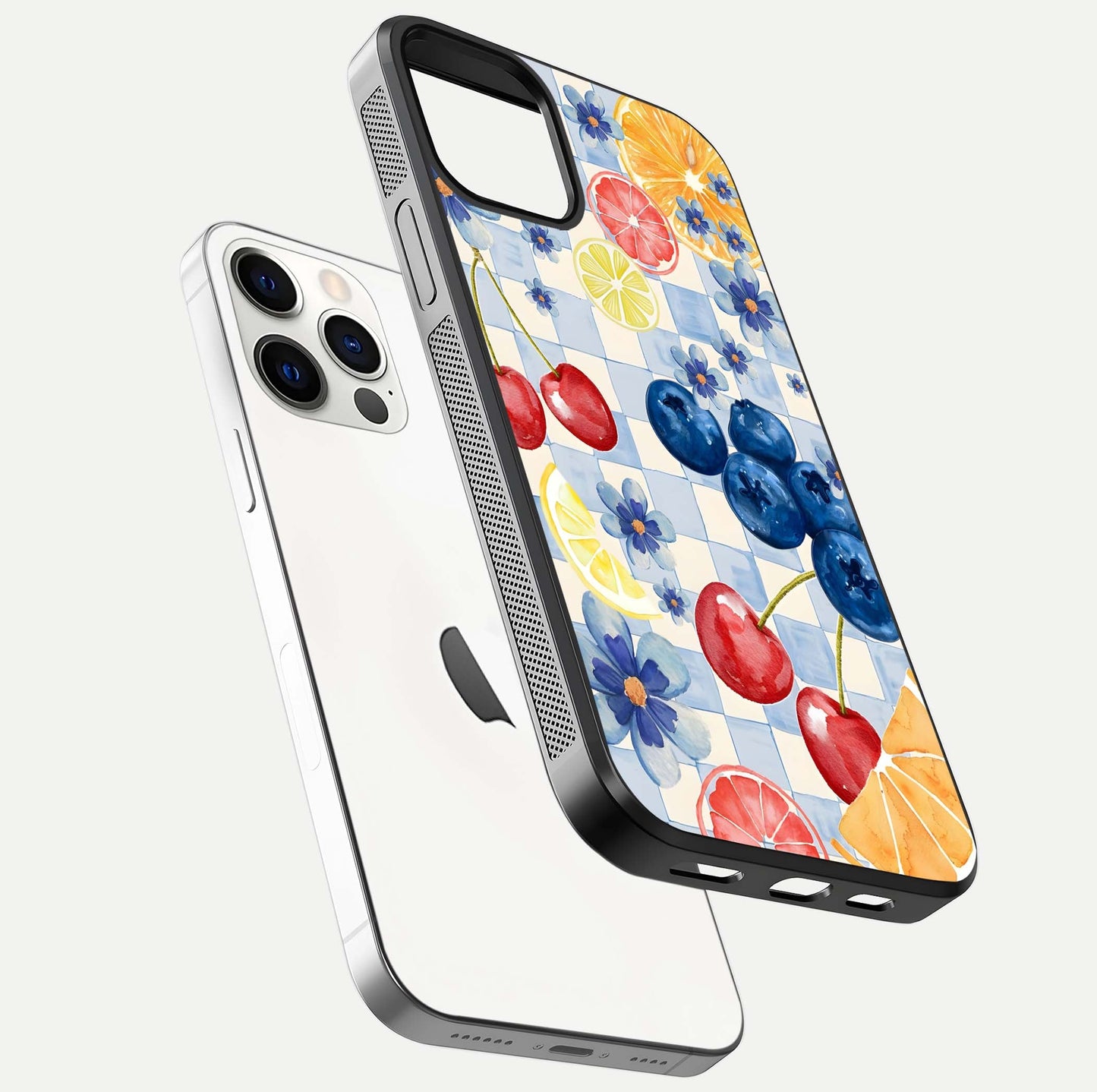 Citrus Bloom Joy Glass Case for iPhone 12 Pro floating mockup showing HD gloss and lively tone