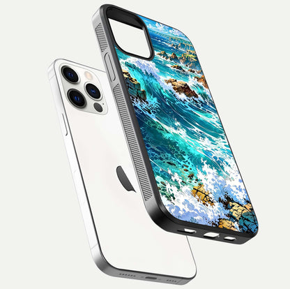 Coastal Blue Waves Glass Case for iPhone 12 Pro floating mockup showing HD reflection and wave details