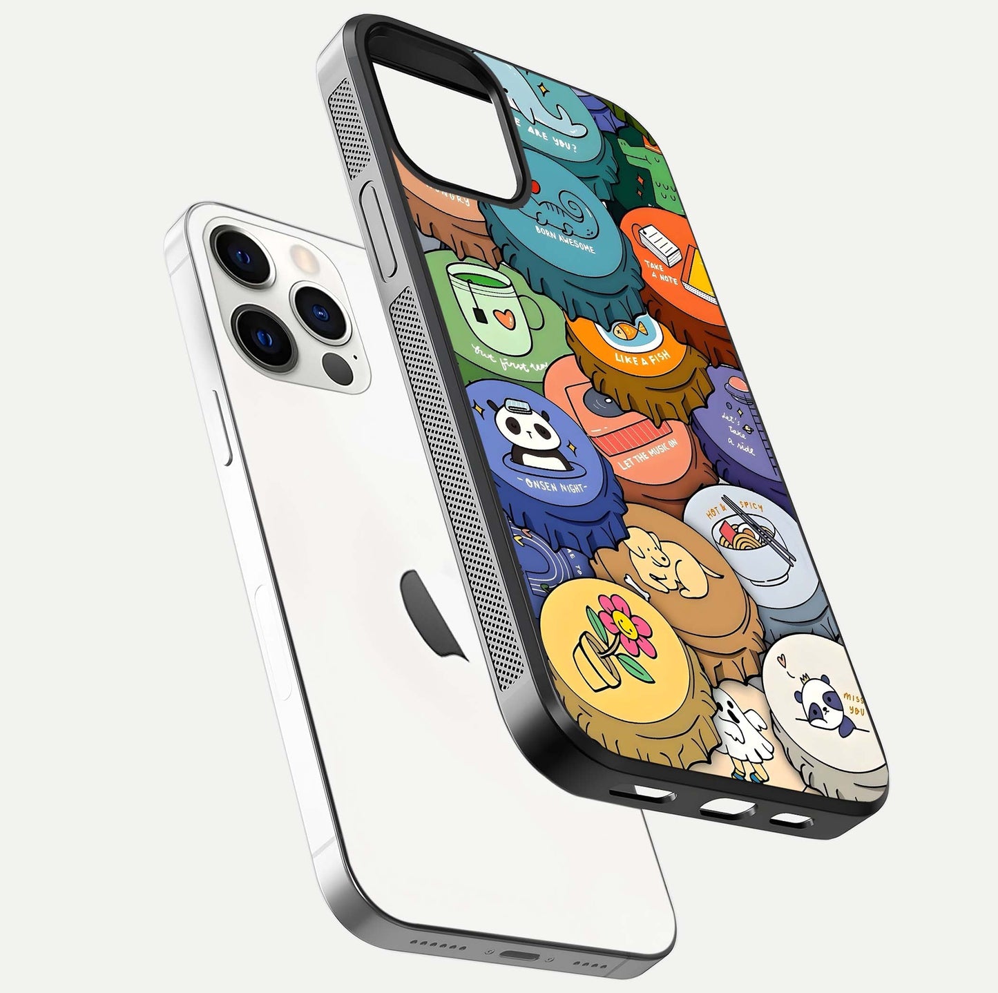 Coins Patterns Glass Case for iPhone 12 Pro floating mockup showing reflection depth and smooth tone