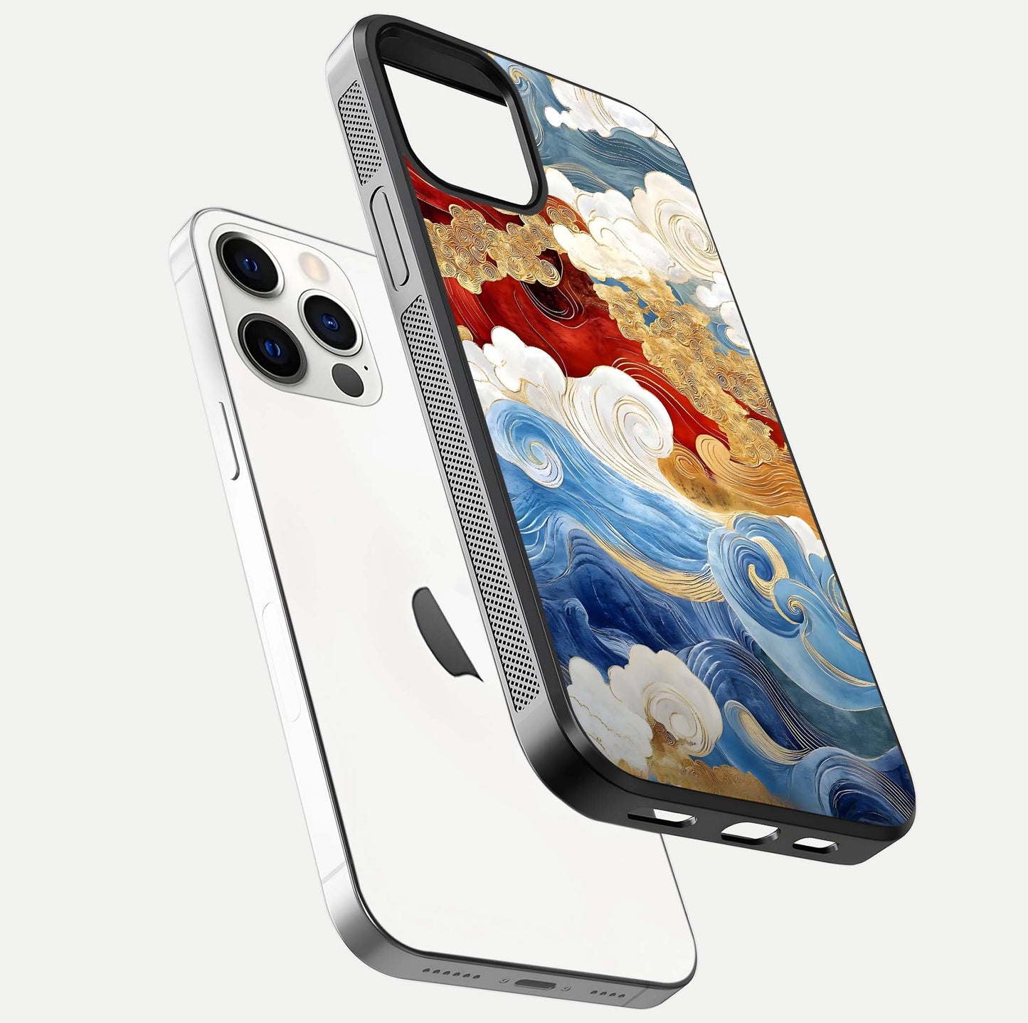 Colored Waves Glass Case for iPhone 12 Pro floating dual-view mockup displaying gloss finish and color contrast
